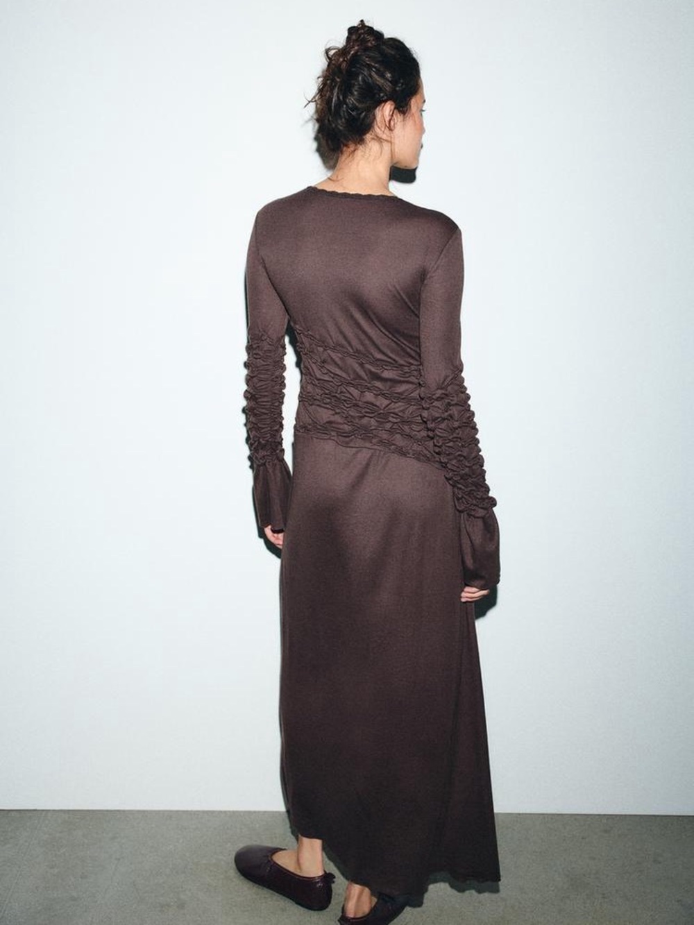 NWT Zara Gorgeous Brown Ruffled scrunch Maxi Dress - Picture 5 of 8